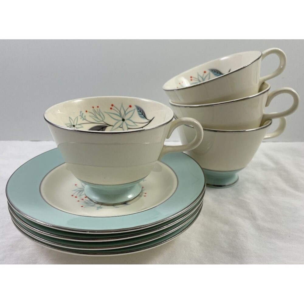 Homer Laughlin Cavalier Eggshell Cup & Saucer Set of 4 Blue A56N5 Vintage